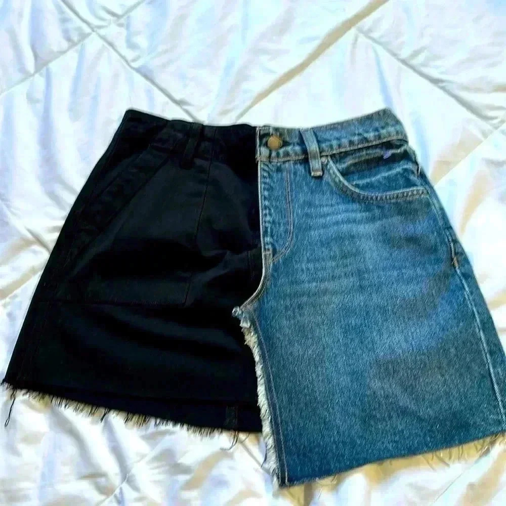 Hudson Jeans Black and Denim Frayed Mini Skirt sz.25 asymmetrical